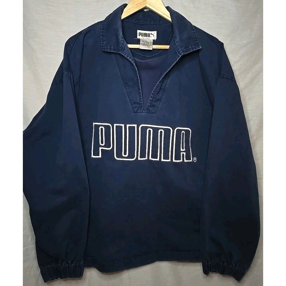 Vintage 90s Puma Blue Half Zip Pullover Jacket Big Logo Lg Anorak Read Desc